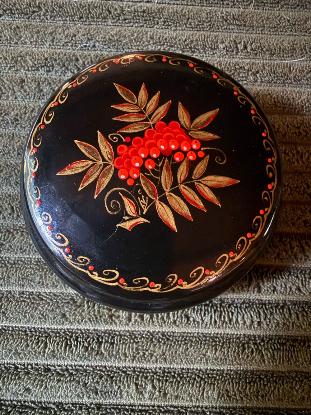 Vintage Black Lacquer and Berries Trinket Dish